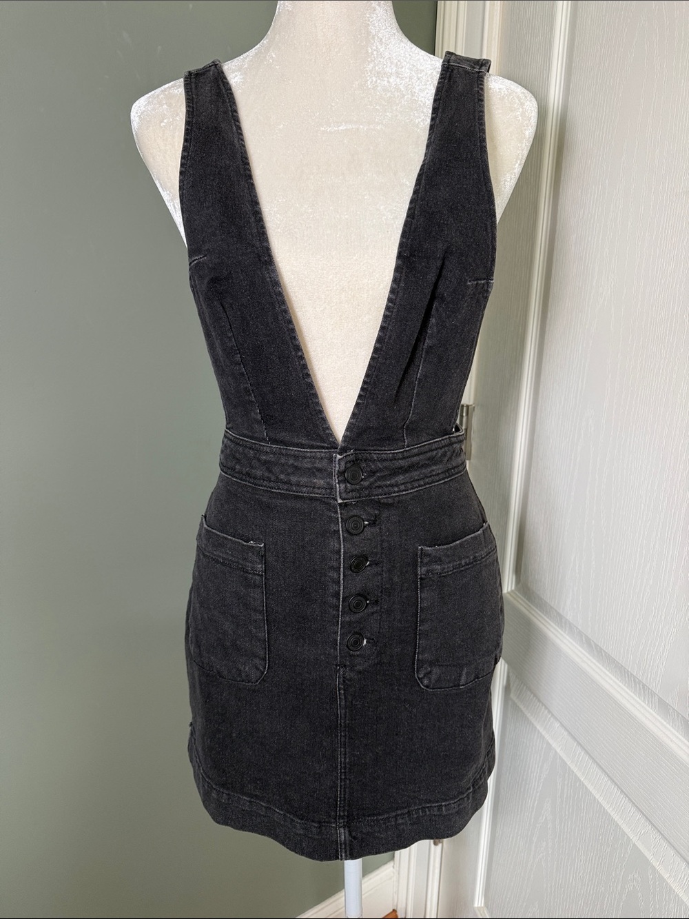 Free People Black Denim Overall Pinafore Mini Dress Jumper Size 0